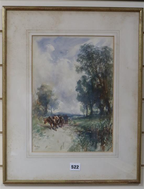William Edward Webb (1862-1903) watercolour, Landscape with cattle, signed and dated 1900, 34 x 24cm.